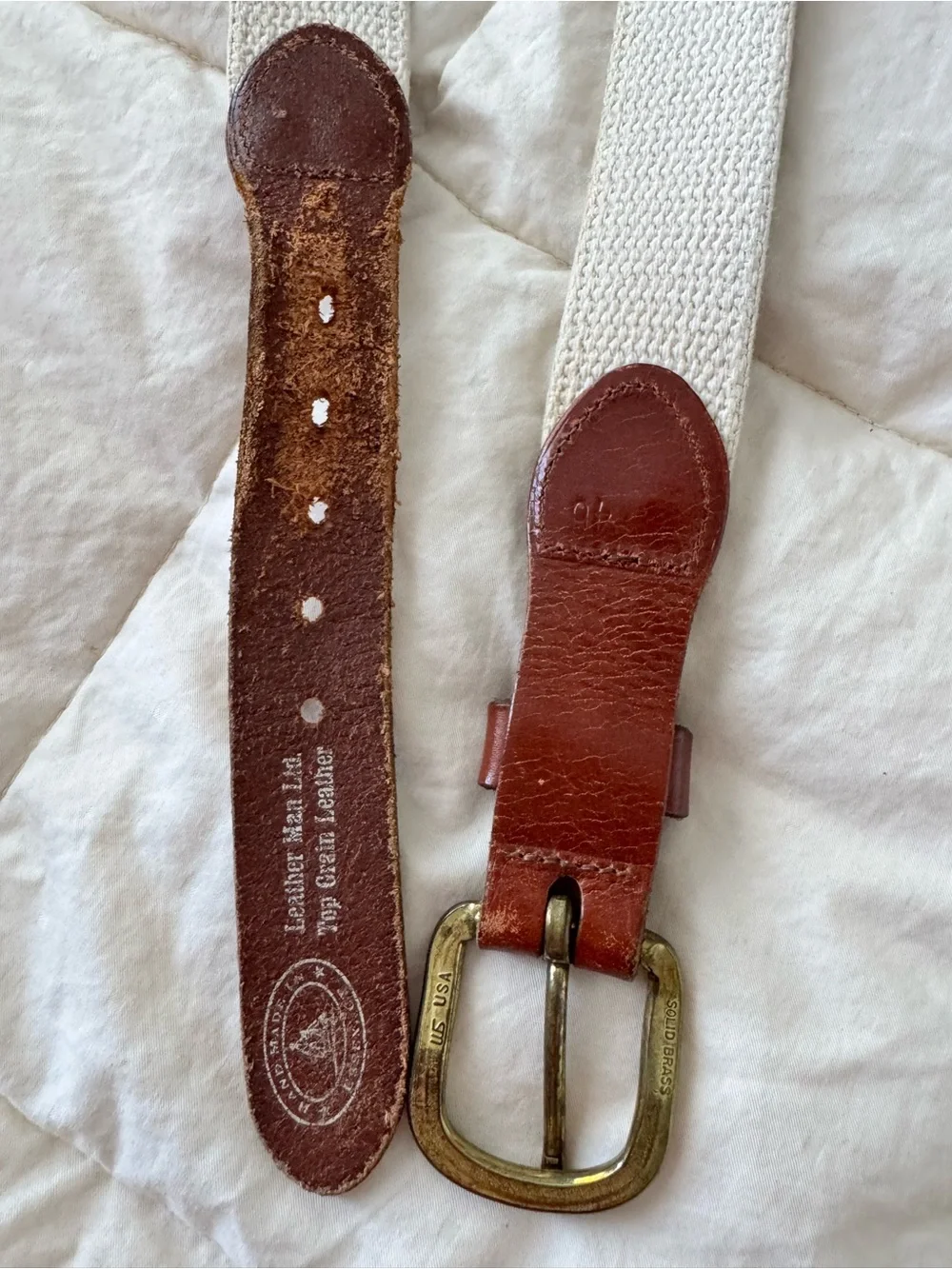 Vintage Navy Fish Embroidered Belt – Size 46 Leather Trim & Solid Brass Buckle